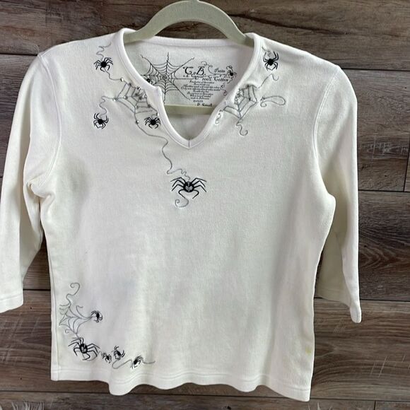 C.B. Casual Petite Small Top, White with Black Spiders & Silver Web Embroidery - Picture 2 of 8